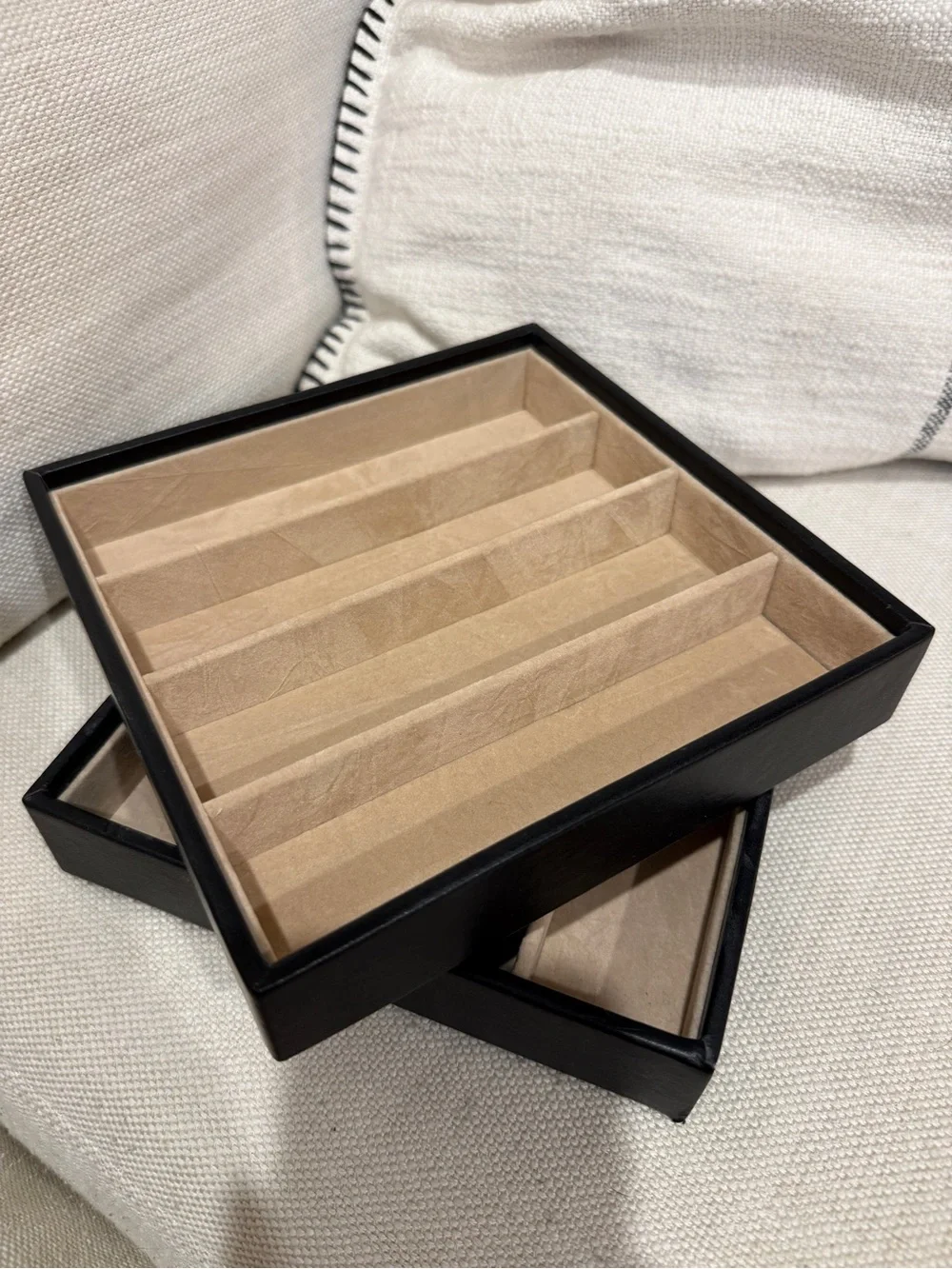 Set of Black Jewelry Divider Trays with Beige Felt Inserts
